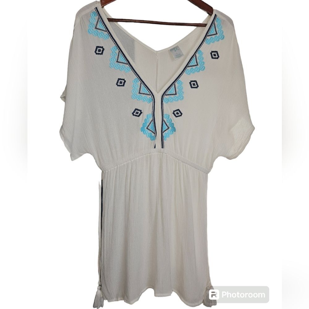 Kona Sol White Embroidered Blue Boho Women's Tie Side Tassel Cover Up Dress S